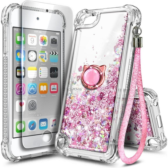 Nagebee Case for iPod Touch 7th 6th 5th Generation, iPod Touch 7 6 5 Gen with Screen Protector, Liquid Glitter Floating Bling Diamond [Ring Holder & Wrist Strap] Women Girls (Rose Gold)