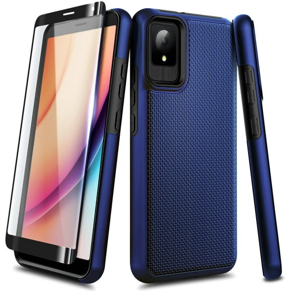 Nagebee For Blu TCL K11 (T432W) Phone Case Tempered Glass Screen Protector Hybrid Dual-Layer Full-Body Protective Shockproof Rugged Dependable Phone Cover (Navy)