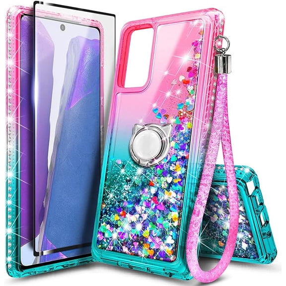 Nagebee For Gabb Phone 3 Pro Phone Case with Tempered Glass Screen Protector, Ring Holder/Wrist Strap, Nagebee Glitter Liquid Floating Waterfall Cute Phone Cover (PinkAqua)