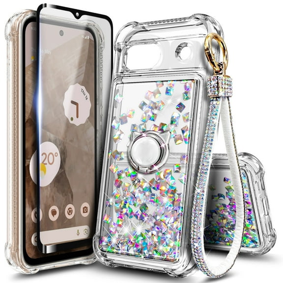 Nagebee For Google Pixel 8a Phone Case with Tempered Glass Screen Protector, Ring Holder/Wrist Strap, Nagebee Glitter Liquid Floating Waterfall Cute Phone Cover (Gem)