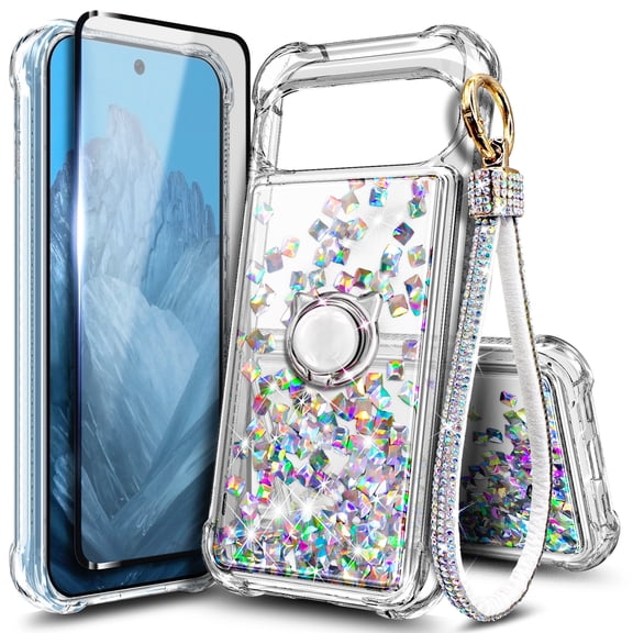 Nagebee For Google Pixel 9 Pro Phone Case Screen Protector Ring Holder Wrist Strap Lanyard Glitter Liquid Phone Cover