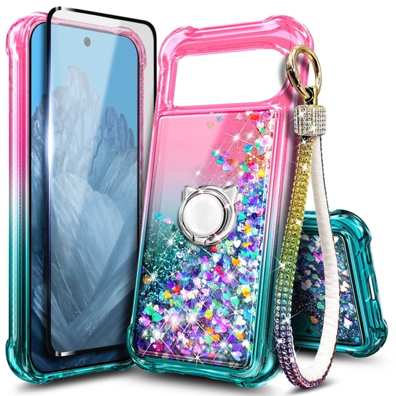 Nagebee For Google Pixel 9 Pro XL Phone Case Screen Protector Ring Holder Wrist Strap Lanyard Glitter Liquid Phone Cover