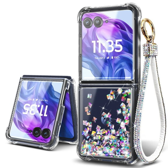 Nagebee For Motorola Razr 2024 Phone Case Girls’ Wrist Strap Lanyard Women’s Cute Glitter Liquid Phone Cover