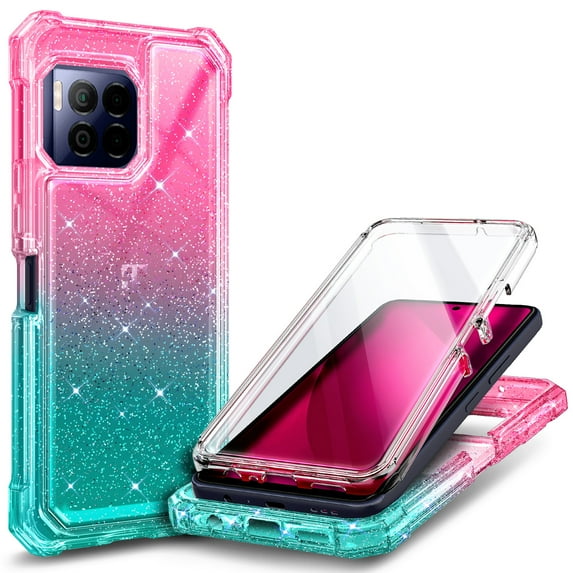 Nagebee For T-mobile Revvl 7 Pro 5G Phone Case with Built-In Screen Protector, Nagebee Full-Body Protective Shockproof Rugged Bumper Impact Resist Durable Phone Cover (GlitterPinkAqua)