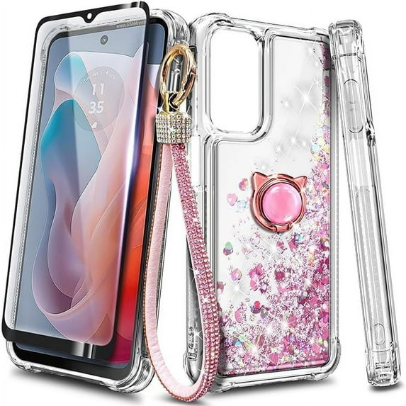 Nagebee For Motorola Moto G Stylus 5G 2024 Phone Case with Tempered Glass Screen Protector, Ring Holder/Wrist Strap, Glitter Liquid Floating Waterfall Cute Phone Cover (Rose Gold)