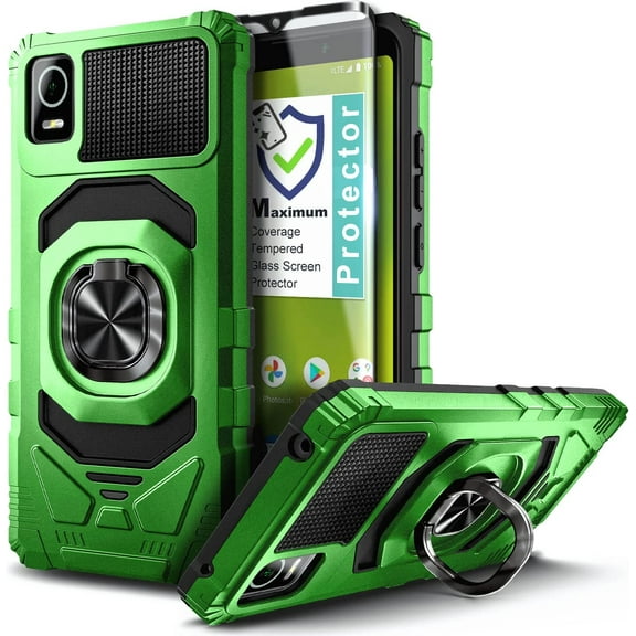 Nagebee Phone Case Compatible for AT&T Calypso 3 (U328AA) with Tempered Glass Screen Protector (Full Coverage), Full-Body Protective [Military-Grade] Magnetic Car Mount Ring Holder Heavy-Duty (Green)