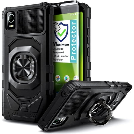 Nagebee Phone Case Compatible for Cricket Debut Smart (2022) with Tempered Glass Screen Protector (Full Coverage), Full-Body Protective [Military-Grade], Magnetic Car Ring Holder Durable (Black)