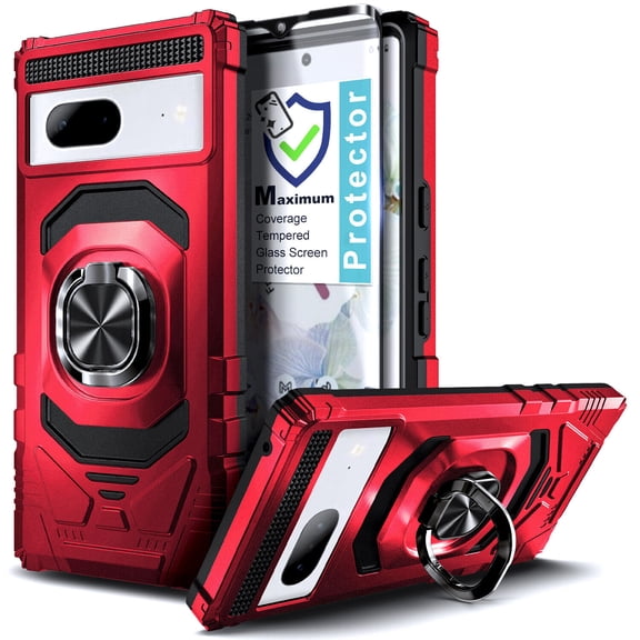 Nagebee Phone Case Compatible for Google Pixel 7 with Tempered Glass Screen Protector (Full Coverage), Full-Body Protective [Military-Grade] Magnetic Car Mount Ring Holder Heavy-Duty Durable (Red)