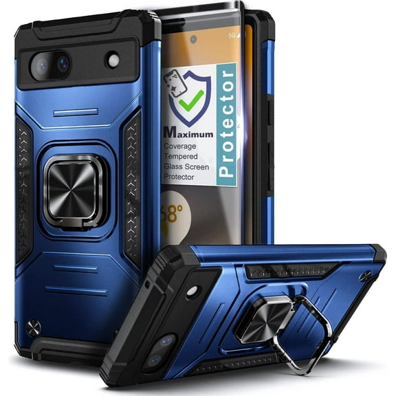 Nagebee Phone Case Compatible for Google Pixel 7a (2023) with Tempered Glass Screen Protector (Full Coverage), Full-Body Protective [Military-Grade], Magnetic Car Mount Ring Holder, Heavy-Duty (Blue)