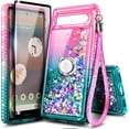 thumbnail image 1 of Nagebee Phone Case Compatible for Google Pixel 7a (2023) with Tempered Glass Screen Protector, Sparkle Glitter Flowing Liquid Waterfall [Ring Holder & Wrist Strap] Girls Women Cute (Pink/Aqua), 1 of 6