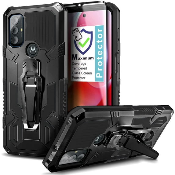 Nagebee Phone Case Compatible for Motorola Moto G Power 2022 with Tempered Glass Screen Protector, Belt Clip Built-in Kickstand Dual Layer Full Body Protective Shockproof Rugged Case (Black)