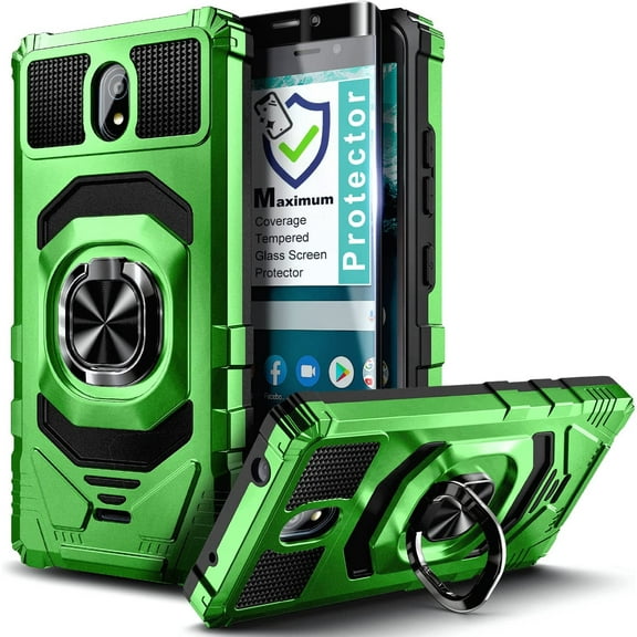 Nagebee Phone Case Compatible for Nokia C100 with Tempered Glass Screen Protector (Full Coverage), Full-Body Protective Armor [Military-Grade], Magnetic Car Mount Ring Holder Heavy-Duty (Green)