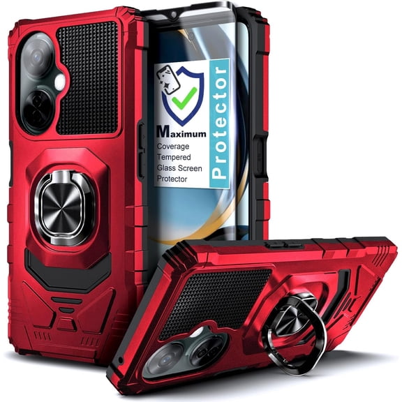 Nagebee Phone Case Compatible for OnePlus Nord N30 5G / Nord CE 3 Lite 5G with Tempered Glass Screen Protector, Full-Body Protective [Military-Grade] Magnetic Car Mount Ring Holder Durable (Red)