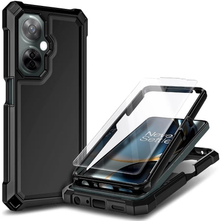 Nagebee Phone Case Compatible for OnePlus Nord N30 5G / Nord CE 3 Lite 5G with Tempered Glass Screen Protector, Full-Body Shockproof Protective Bumper Impact Resist Durable Case (Black)