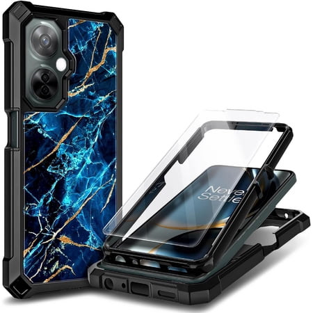 Nagebee Phone Case Compatible for OnePlus Nord N30 5G / Nord CE 3 Lite 5G with Tempered Glass Screen Protector, Full-Body Shockproof Protective Bumper Impact Resist Durable Case (Marble Sapphire)