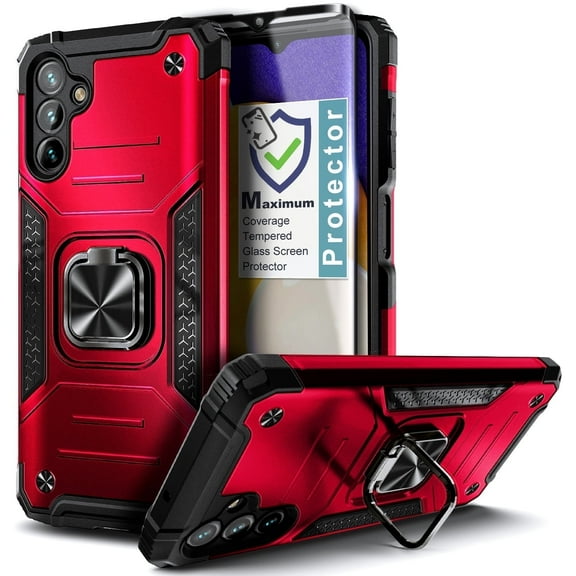 Nagebee Phone Case Compatible for Samsung Galaxy A13 5G with Tempered Glass Screen Protector (Full Coverage), Full-Body Protective [Military-Grade], Magnetic Car Mount Ring Holder, Heavy-Duty (Red)