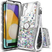 Nagebee Phone Case Compatible for Samsung Galaxy A13 5G with Tempered Glass Screen Protector (Full Coverage), Sparkle Glitter Liquid Bling Diamond [Ring Holder & Wrist Strap] Women Girls (Aqua/Purple)