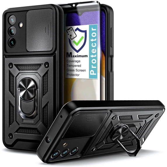 Nagebee Phone Case Compatible for Samsung Galaxy A14 5G with Tempered Glass Screen Protector (Full Coverage), Full-Body Camera Cover Protective Military-Grade, Magnetic Car Mount Ring Holder (Black)