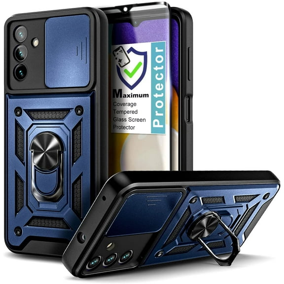 Nagebee Phone Case Compatible for Samsung Galaxy A14 5G with Tempered Glass Screen Protector (Full Coverage), Full-Body Camera Cover Protective Military-Grade, Magnetic Car Mount Ring Holder (Blue)