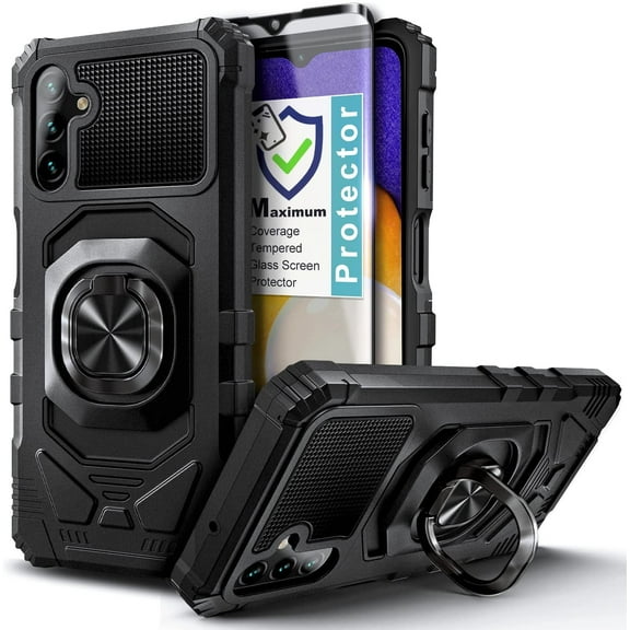 Nagebee Phone Case Compatible for Samsung Galaxy A14 5G with Tempered Glass Screen Protector (Full Coverage), Full-Body Protective [Military-Grade] Magnetic Car Mount Ring Holder Durable Case (Black)