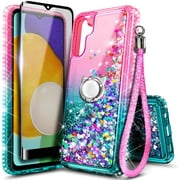 Nagebee Phone Case Compatible for Samsung Galaxy A14 5G with Tempered Glass Screen Protector, Sparkle Glitter Flowing Liquid Waterfall [Ring Holder & Wrist Strap] Women Girls Case (Pink/Aqua)