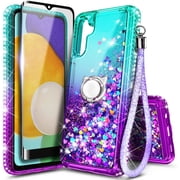 Nagebee Phone Case Compatible for Samsung Galaxy A14 5G with Tempered Glass Screen Protector, Sparkle Glitter Flowing Liquid Waterfall [Ring Holder & Wrist Strap] Women Girls Case (Aqua/Purple)