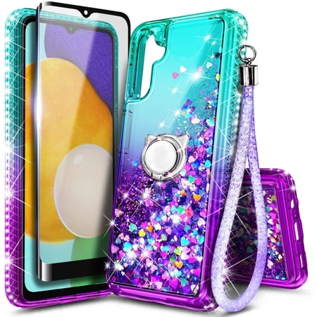 Nagebee Phone Case Compatible for Samsung Galaxy A14 5G with Tempered Glass Screen Protector, Sparkle Glitter Flowing Liquid Waterfall [Ring Holder & Wrist Strap] Women Girls Case (Aqua/Purple)