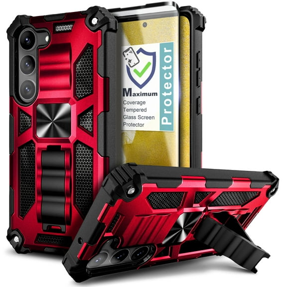 Nagebee Phone Case Compatible for Samsung Galaxy S23 Plus with Tempered Glass Screen Protector (Full Coverage), Full-Body Protective Shockproof [Military-Grade] Built in Kickstand Heavy-Duty (Red)