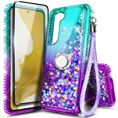 Nagebee Phone Case Compatible for Samsung Galaxy S23 Plus with Tempered Glass Screen Protector, Sparkle Glitter Flowing Liquid Waterfall [Ring Holder & Wrist Strap] Women Girls Case (Aqua/Purple)