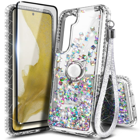 Nagebee Phone Case Compatible for Samsung Galaxy S23 / S23 Plus / S23 Ultra with Tempered Glass Screen Protector, Sparkle Glitter Flowing Liquid Waterfall [Ring Holder & Wrist Strap] Women Girls (Gem)