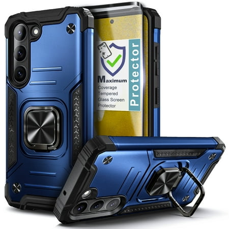 Nagebee Phone Case Compatible for Samsung Galaxy S23 with Tempered Glass Screen Protector (Full Coverage), Full-Body Protective [Military-Grade], Magnetic Car Mount Ring Holder, Heavy-Duty (Blue)