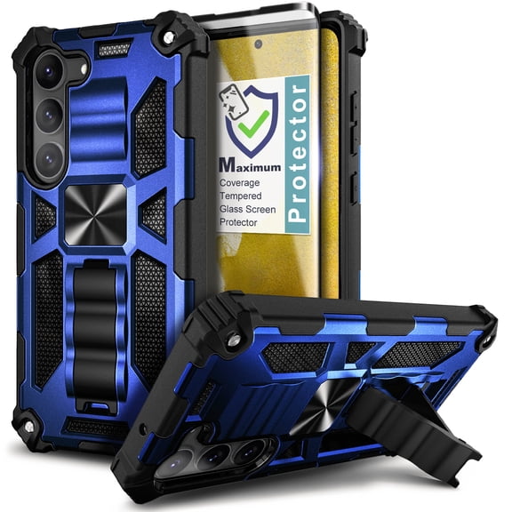 Nagebee Phone Case Compatible for Samsung Galaxy S23 with Tempered Glass Screen Protector (Full Coverage), Full-Body Protective Shockproof [Military-Grade] Built in Kickstand Heavy-Duty (Blue)