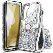 Nagebee Phone Case Compatible for Samsung Galaxy S23 with Tempered Glass Screen Protector, Sparkle Glitter Flowing Liquid Waterfall [Ring Holder & Wrist Strap] Women Girls Case Gem