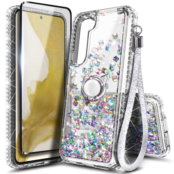Nagebee Phone Case Compatible for Samsung Galaxy S23 with Tempered Glass Screen Protector, Sparkle Glitter Flowing Liquid Waterfall [Ring Holder & Wrist Strap] Women Girls Case (Gem)