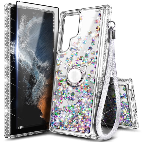 Nagebee Phone Case Compatible for Samsung Galaxy S23 Ultra with Screen Protector (Soft Full Coverage), Sparkle Glitter Flowing Liquid Waterfall [Ring Holder & Wrist Strap] Women Girls (Gem)