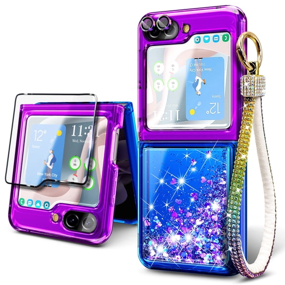 Nagebee Phone Case Compatible for Samsung Galaxy Z Flip 5 (2023) w/ Tempered Glass Screen Protector/Camera Lens Protector/Diamond Wrist Strap Lanyard, Glitter Liquid Floating Cute Case (Purple/Blue)