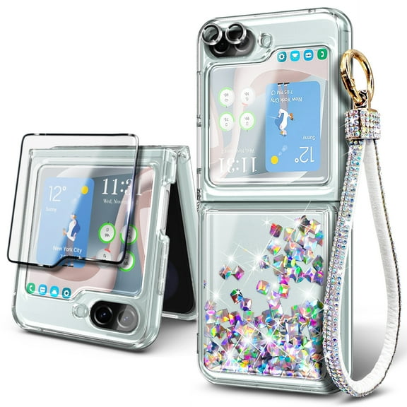 Nagebee Phone Case Compatible for Samsung Galaxy Z Flip 5 (5G 2023), Tempered Glass Screen Protector/Camera Lens Protector/Diamond Wrist Strap Lanyard, Glitter Liquid Floating Cute Case (Clear Gem)