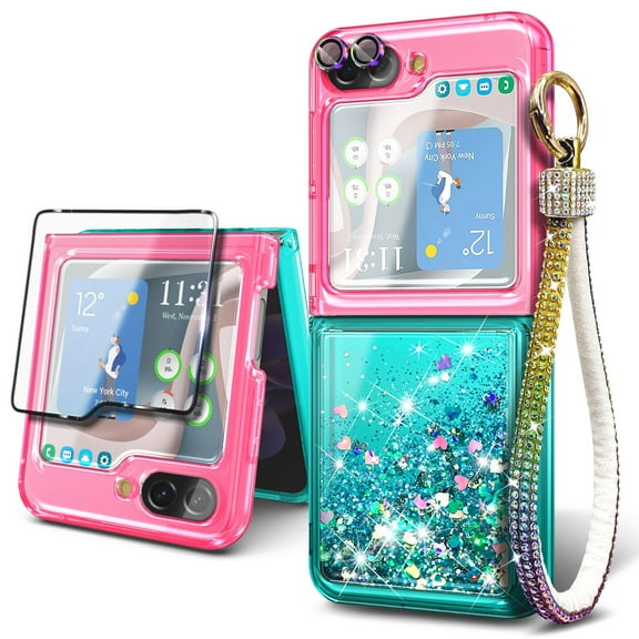 Nagebee Phone Case Compatible for Samsung Galaxy Z Flip 5 (5G 2023) w/ Tempered Glass Screen Protector/Camera Lens Protector/Diamond Wrist Strap Lanyard, Glitter Liquid Floating Cute Case (Pink/Aqua)
