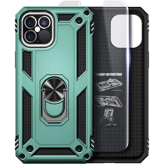 Nagebee Phone Case Compatible for iPhone 12 Mini (5.4 inch) with Tempered Glass Screen Protector, Military Armor [Magnetic Ring Holder & Kickstand] Shockproof Protective Cover (Green)
