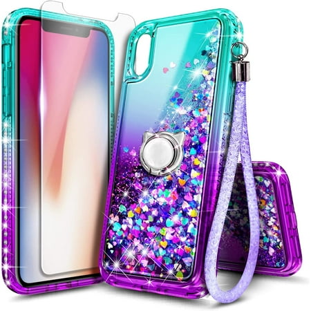 Nagebee Phone Case Compatible for iPhone XR with Tempered Glass Screen Protector, Sparkle Glitter Liquid Bling Diamond [Ring Holder & Wrist Strap] Women Girls Cute Case (Aqua/Purple)
