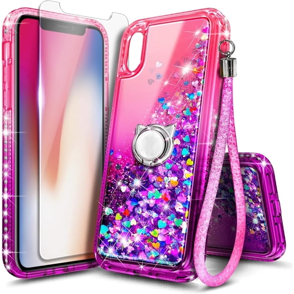 NGB SUPREMACY For iPhone X/XS Phone Case Screen Protector Ring Holder Wrist Strap Lanyard Shiny Sparkly Glitter iPhone X/XS Case Cover