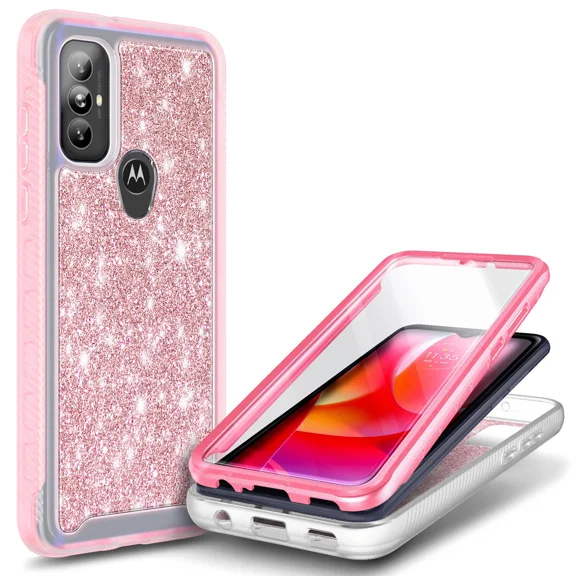 Nagebee Phone Case for Motorola Moto G Power 2022 with [Built-in Screen Protector], Full-Body Shockproof Protective Bumper Cover Impact Resist Durable Case (Pink Glitter)