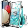 thumbnail image 1 of Nagebee Phone Case for Samsung Galaxy A02S with Tempered Glass Screen Protector (Full Coverage), Glitter Flowing Liquid Shiny Bling [Metal Diamond Ring Kickstand] with Lanyard Strap (Teal), 1 of 6