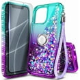 thumbnail image 1 of Nagebee Phone Case for iPhone 11 with Tempered Glass Screen Protector, Sparkle Glitter Liquid Bling Diamond [Ring Holder & Wrist Strap] Women Girls Cute Case (Aqua/Purple), 1 of 7