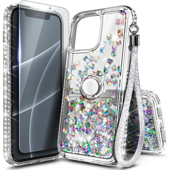 NGB SUPREMACY For iPhone 13 mini Phone Case Screen Protector Ring Holder Wrist Strap Lanyard Shiny Sparkly Glitter iPhone 13 mini Case Cover