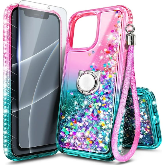 NGB SUPREMACY For iPhone 15 Phone Case Screen Protector Ring Holder Wrist Strap Lanyard Shiny Sparkly Glitter iPhone 15 Case Cover