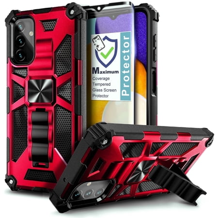 Nagebee For Samsung Galaxy A35 5G Phone Case with Tempered Glass Screen Protector, Full-Body Protective Shockproof [Military-Grade] Built in Kickstand Heavy-Duty (Red)