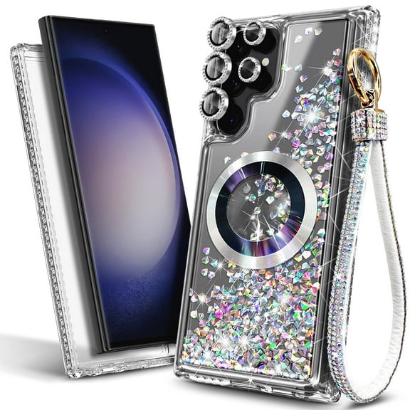 Nagebee For Samsung Galaxy S23 Ultra Phone Case MagSafe Wireless Charging Compatible Camera Lens & Tempered Glass Screen Protector & Wrist Strap Lanyard Glittering Liquid Cover (Gem)