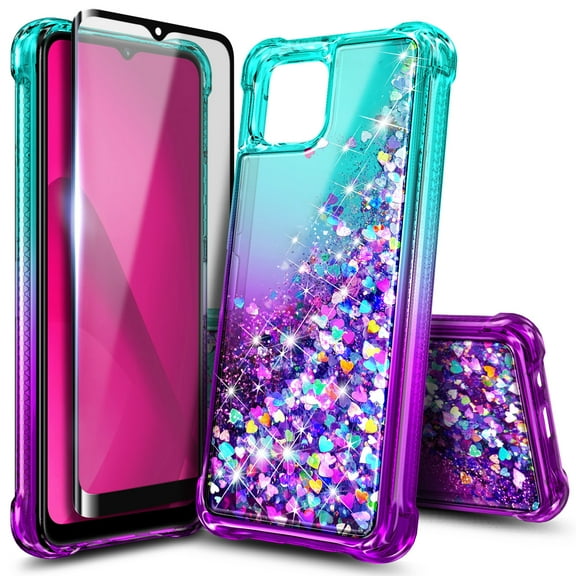 Nagebee for REVVL 7 PRO 5G Phone Case with Tempered Glass Screen Protector, Nagebee Glitter Liquid Floating Waterfall Cute Phone Cover (Aqua/Purple)