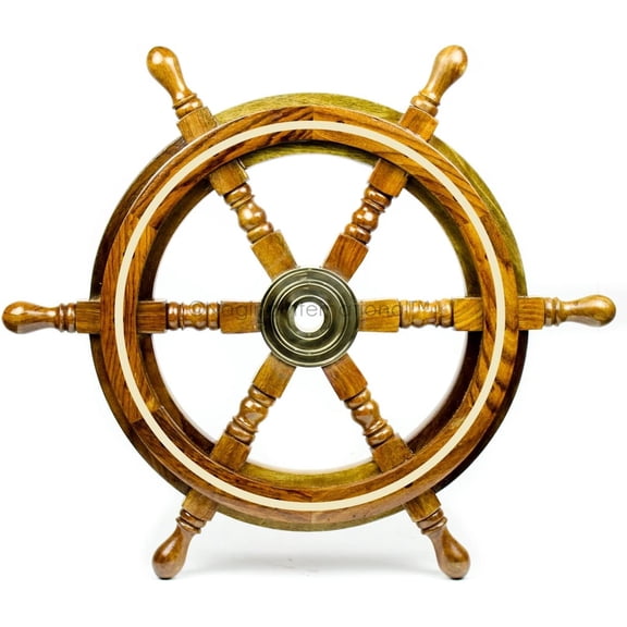 Nagina International 12" Nautical Wood Crafted Premium Pirate's Boat Steering Wall Decor Ship Wheel With Brass Ring Inlaid & Center Hub | Exclusive Maritime Luxury Gift Decor Collectibles